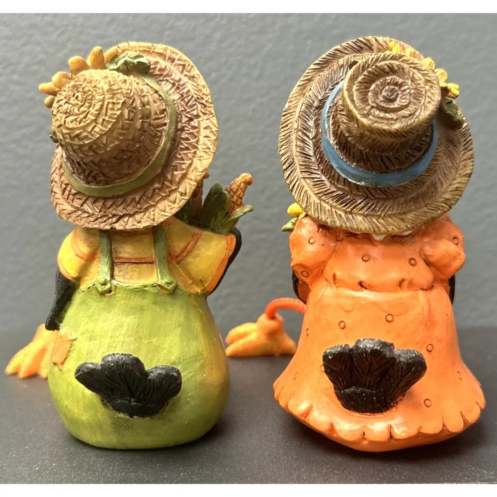 Vintage Crow Shelf Sitters Country Folk Art Figurine Pair Straw Hat Flowers Corn
